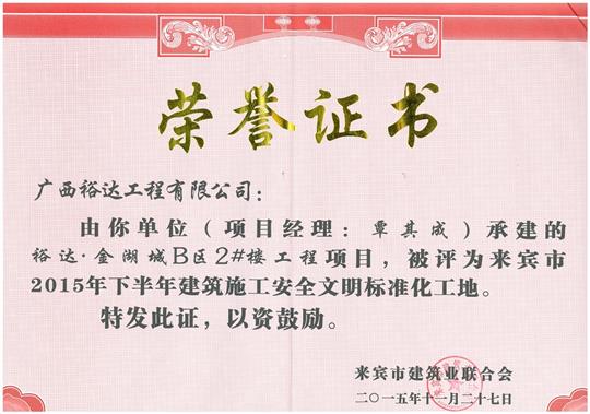 2015年下半年建筑施工安全文明标准化工地（金湖城B区2#楼五大联赛平台-（中国）科技公司
）